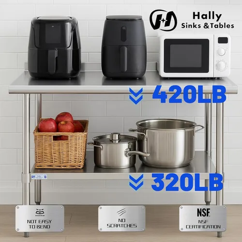 Vista 5 de Hally - Mesa de trabajo y preparación de acero inoxidable, mesa comercial de gran resistencia con estante inferior y salpicadero para restaurante