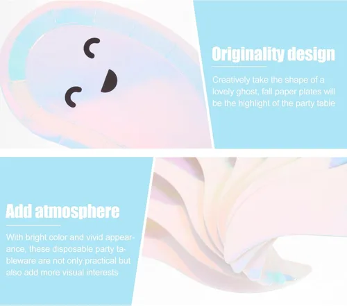 Vista 4 de 40 platos de fiesta de Halloween, platos de papel desechables con forma de fantasma, plato de postre temático de Halloween, bandeja para tartas