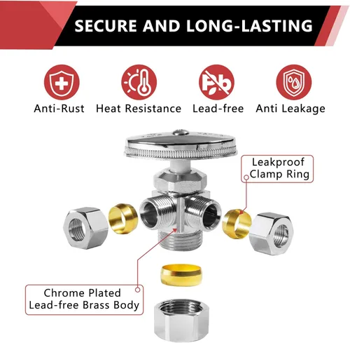 Vista 5 de EFIELD Válvula de parada de ángulo de giro múltiple con salida de compresión doble, 1/2 "NOM (5/8" OD) x (3/8 pulgadas x 3/8 pulgadas) cromo