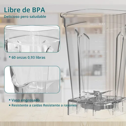 Vista 5 de OMMO Licuadora profesional de alta velocidad de 1800 W, con cuchillas de acero inoxidable duraderas, sin BPA de 60 onzas para batidos y batidos