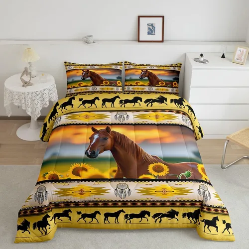 Vista 46 de Juego de ropa de cama con relleno de edredón con diseño de caballo y atrapasueños para niños, adolescentes y hombres, juego de edredón con estampado