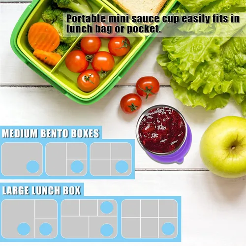 Vista 6 de Recipiente pequeño para aderezo de ensalada para llevar, 6 recipientes de condimentos de 1.6 onzas con tapas, recipientes de salsa para lonchera