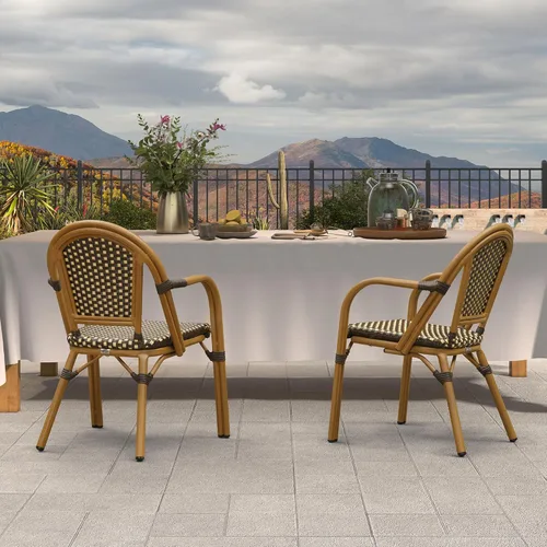 Vista 4 de PURPLE LEAF juego de 2 sillas de estilo bistró francés para patio, sillas de comedor, sillones de mimbre de aluminio tejido a mano, sillones