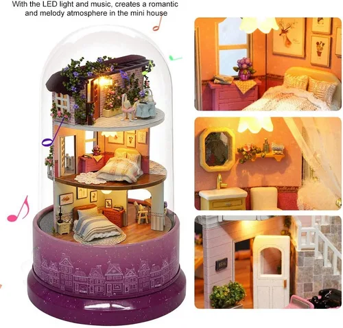 Vista 3 de Jerliflyer Casa de muñecas DIY, kit de casa en miniatura, kit de casa de muñecas de bricolaje, kit de casa de muñecas con rotación LED, caja