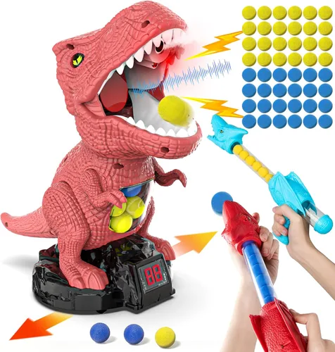 Vista 8 de Juguete de disparo de dinosaurios para niños y niñas, juegos de disparo de objetivos móviles con 2 lanzadores de bomba de aire, 48 bolas de espuma