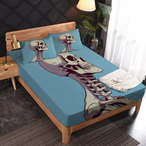 Vista 2 de Juego de sábanas de esqueleto tamaño individual, sábanas de microfibra suave, bolsillo profundo, sábanas y fundas de almohada estampadas sin