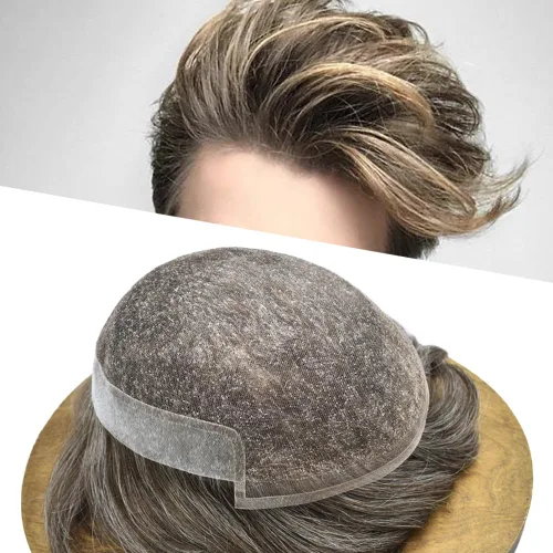Vista 45 de Tupé de encaje suizo para hombre, pieza de cabello humano europeo, nudos blanqueados, línea capilar natural, encaje frontal, sistema de reemplazo