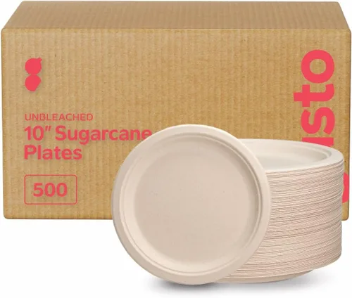 Vista 12 de GUSTO Platos de papel kraft resistentes de 9 pulgadas – [caja de 500], platos de caña de azúcar desechables 100% compostables y biodegradables
