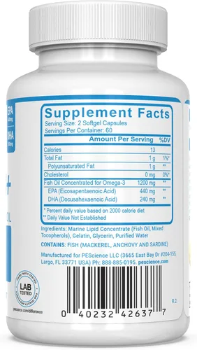 Vista 2 de PEScience Omega 3+, 120 geles blandos, suplemento de aceite de pescado EPA y DHA