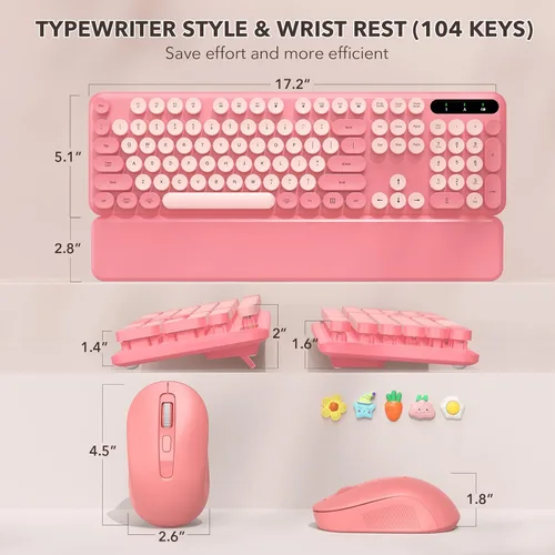 Vista 9 de Combo de teclado y mouse inalámbricos, teclado retro con teclas redondas, teclado estilo máquina de escribir de tamaño completo con reposamuñecas