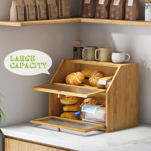 Vista 6 de BMOSU Panera grande para encimera de cocina, panera de doble capa para encimera de cocina, panera de madera de bambú con capacidad de almacenamiento