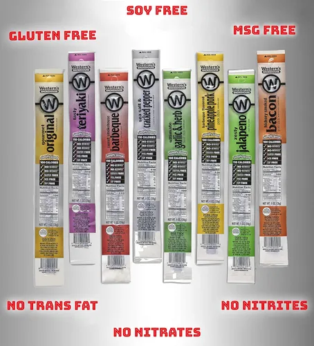 Vista 2 de Western's Smokehouse Paquete de 8 palitos de carne seca - 8 sabores de carne seca de cerdo y carne seca - Sin gluten, sin MSG, sin soja, sin nitratos
