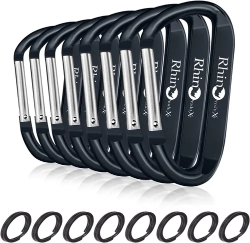 Rhino Produxs 8PCS of Lightweight Duty Snap Carabiner Clips, D Ring Shape Carabiner with 8PCS Keyring - Excellent for Outdoor, Camping, Hiking,