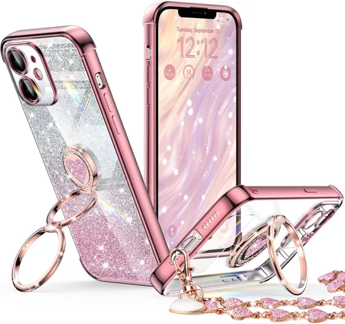 Vista 42 de XYZ Funda para iPhone 12 con Soporte, Funda para Teléfono con Soporte de Doble Anillo, Funda Protectora de Lujo Brillante para Mujeres y Niñas