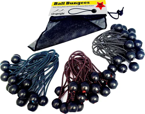 Strapright- Bungee Cords with Balls- 60 Pack, 3 Sizes | 5.5", 4.7" & 3.5" Ball Bungee Cords, Black UV Treated Stretch Tie Loops with Plastic Toggle