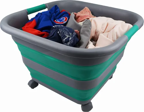 Vista 6 de SAMMART Cesta plegable de plástico para la ropa sucia con ruedas, 39 litros (10.3 galones), contenedor plegable para lavandería, campamento y hogar