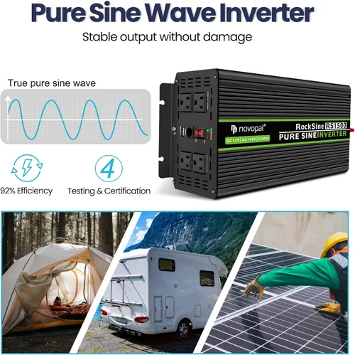 Vista 3 de Novopal Inversor de onda sinusoidal pura de 1500 W, convertidor de potencia de coche de 12 V CC a 110 V/120 V CA, inversor de corriente DC-AC con 4