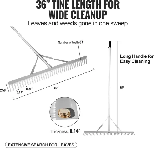Vista 3 de VEVOR Rastrillo para Paisaje, Rastrillo de Maleza Acuática de Aluminio con Cabeza de 36" y Mango Largo de 75" para Aflojar el Suelo, Cuidado