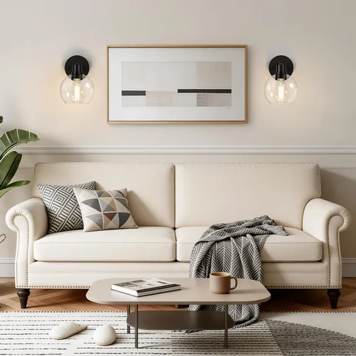 Vista 5 de Indoi Juego de 2 apliques de pared actualizados 2026, luces de tocador modernas negras con pantalla de globo de vidrio transparente, lámparas