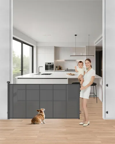 Vista 10 de Puerta retráctil para bebé, puerta de malla para bebés de 55 pulgadas de ancho con 4 varillas reforzadas, puerta antiflacidez de 34 pulgadas de Negro