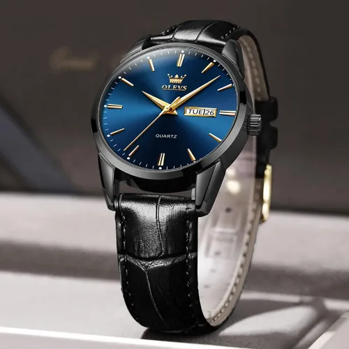 Vista 5 de OLEVS Brown Mens Leather Watch Dress Casual Day Date Quartz Wrist Watch