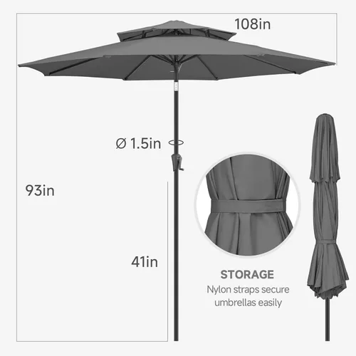 Vista 4 de FLAME&SHADE - Paraguas de 9 pies para patio - Paraguas de exterior de 2 niveles con botón de inclinación y manivela para protección UV, paraguas
