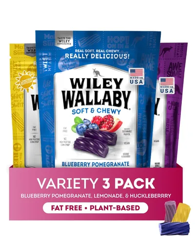 Wiley Wallaby Paquete variado de regaliz – Dulces de regaliz de arándano, limonada y granada azul, estilo clásico gourmet australiano, suave y
