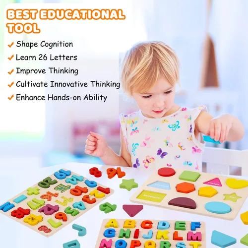 Vista 2 de Rompecabezas de madera para niños pequeños, rompecabezas de madera con forma de números del alfabeto, juguetes de aprendizaje preescolar para niños