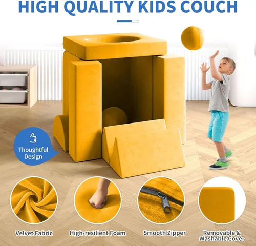 Vista 13 de 12 sofás modulares de juego para niños con 2 bolas y túnel, sofás de juego para niños pequeños para sala de juegos, sofás modulares para juego