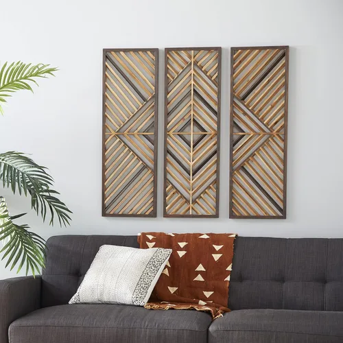 Vista 2 de Deco 79 Decoración de pared geométrica de madera para el hogar, diseño de madera, escultura de pared, juego de 3 arte de pared de 12 pulgadas