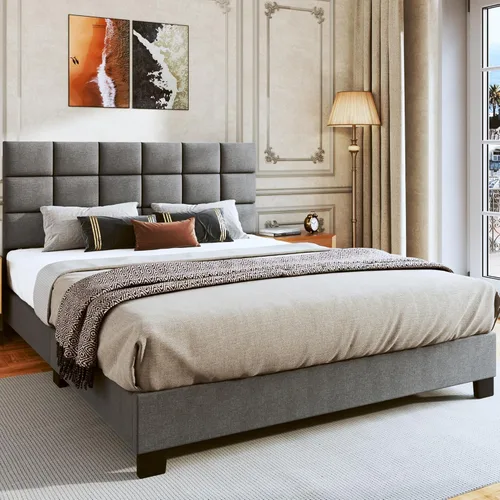 Vista 3 de Fluest Base de cama tamaño King tapizada con cabecero ajustable de tela de lino, cabecera capitoné de tela de lino, soporte de listones de madera