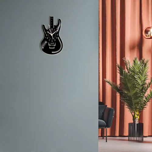 Vista 5 de Reloj de pared de vinilo, reloj de pared con patrón de instrumento de guitarra, reloj de pared regalo para los amantes de la música.