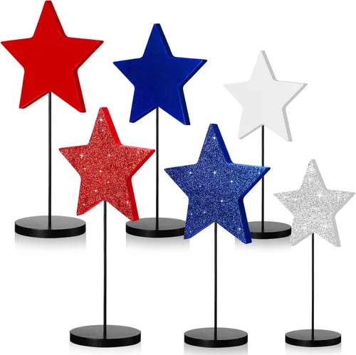 Wesiti Juego de 6 piezas de centros de mesa patrióticos para decoración del 4 de julio, juego de bloques de estrella de pie alto de madera con