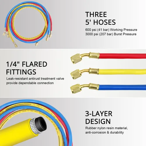 Vista 4 de YSTOOL Juego de carga de refrigerante de 3 vías de colector de CA para aire acondicionado HVAC R134a R404a Freón con manguera de 5 pies R134a