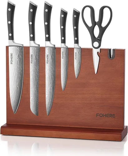 FOHERE - Juego de cuchillos de cocina, juego de cuchillos con soporte magnético para cuchillos y afilador, juego de 7 cuchillos de chef afilados con