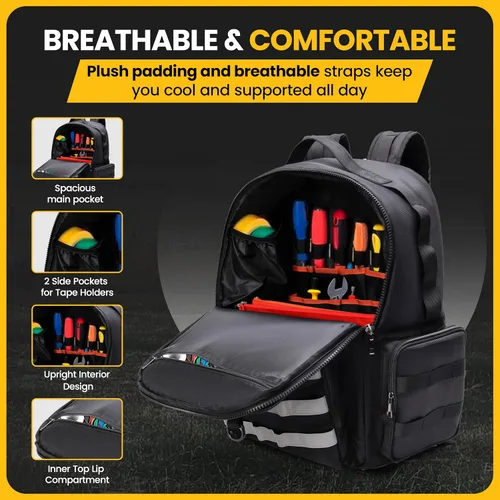 Vista 5 de Mochila de herramientas resistente con 3 bolsas de almacenamiento, bolsa organizadora de herramientas táctica reflectante con soporte acolchado