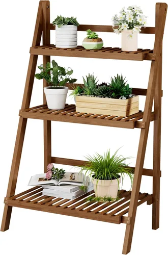 Vista 14 de oakvivo Estante plegable de 39.4 pulgadas, estante de escalera de bambú de 3 niveles, estantería independiente para jardín, balcón, patio, sala