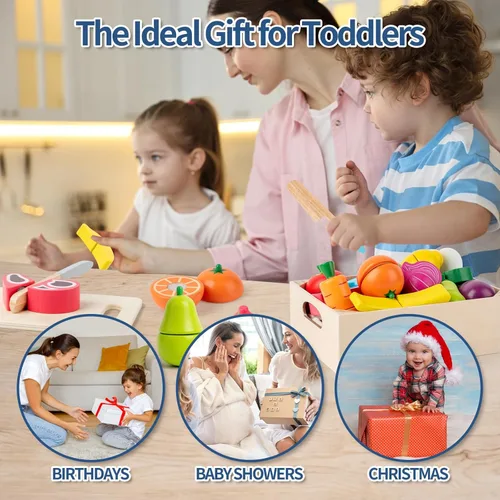 Vista 6 de 32 piezas de juegos de comida de madera para accesorios de cocina de niños, juguetes educativos Montessori de alimentos, juego de simulación