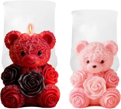 2 moldes de silicona de oso de rosas, moldes para hacer velas de oso de peluche 3D, adorno para moldes de resina epoxi para manualidades, molde de