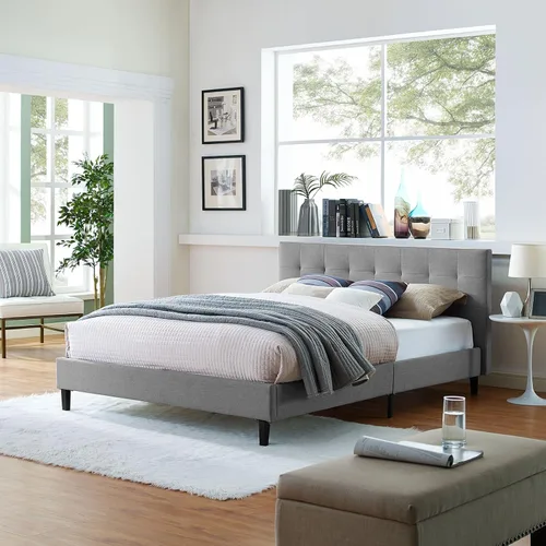 Vista 35 de Modway Linnea - Cama tapizada de plataforma blanca con soporte de listones de madera