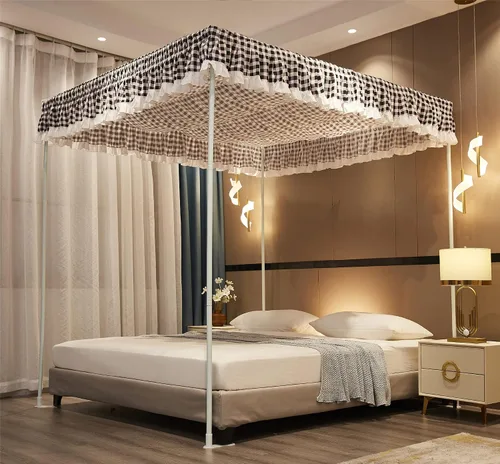 Vista 7 de VETHIN Cortinas de techo elástico estilo princesa con cuatro postes de esquina, acogedora y transpirable, mosquitera para niñas y adultos