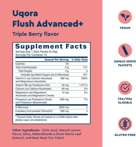 Vista 3 de Uqora Flush Advanced+ - Helps Reduce Risk of Recurrent UTI** - with Cranberry, D-Mannose, Vitamin C, Vitamin B6 & Potassium - Gluten-Free & Vegan