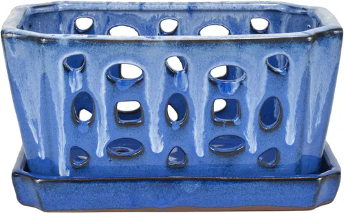 Vista 2 de W&W Orchid Pot with Holes and Saucer for Repotting, White and Blue, 9.7 Inch Blanco y azul 9.7