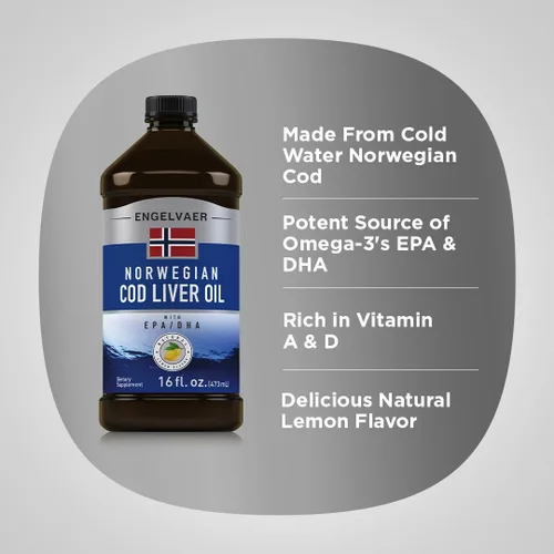 Vista 4 de Piping Rock Líquido de aceite de hígado de bacalao 16 onzas líquidas con EPA y DHA Engelvaer Norwegian Sabor a limón Suplemento sin OMG
