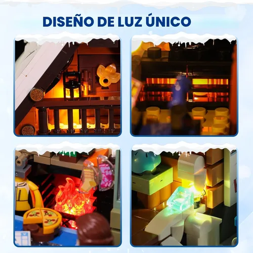 Vista 4 de FUNWHOLE Juego de ladrillos de construcción de iluminación de cabaña de esquí de Navidad, colección retro de casa de nieve de invierno, luz LED