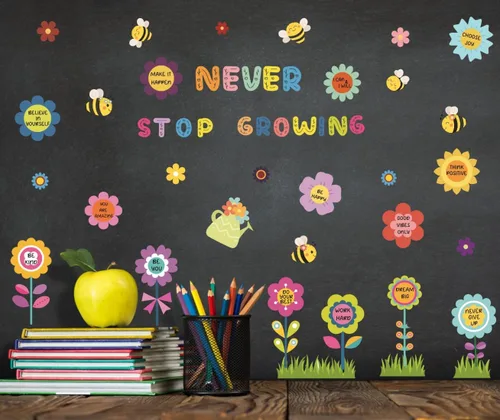Vista 2 de OLMIXA Calcomanías de pared coloridas de flores de jardín de primavera, calcomanías de pared con cita inspiradora, calcomanías de pared de vinilo