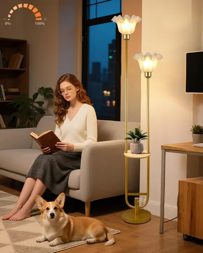 Vista 22 de Lightdot Lámparas de pie bohemias regulables para sala de estar, lámpara de pie de ratán de 3 luces con estantes, lámpara de pie de granja blanca