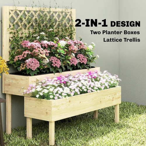 Vista 3 de Outsunny Cama de jardín elevada de 2 niveles con enrejado, maceta elevada de madera con espacios de drenaje, forros, maceta enrejada para plantas
