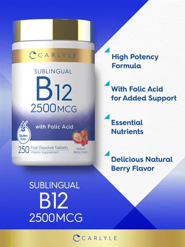 Vista 4 de Carlyle Vitamina B12 Sublingual 2500 mcg 250 tabletas de disolución rápida Suplemento de cianocobalamina con ácido fólico para adultos Sabor