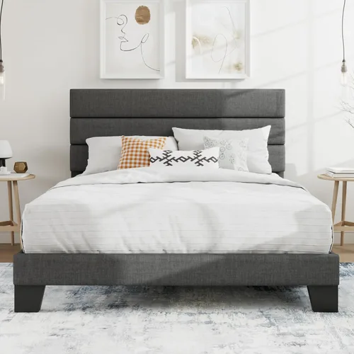 Vista 12 de SHA CERLIN Base de cama de plataforma completa con cabecera de tela tapizada, base de colchón con fuerte soporte de listones de madera, no necesita